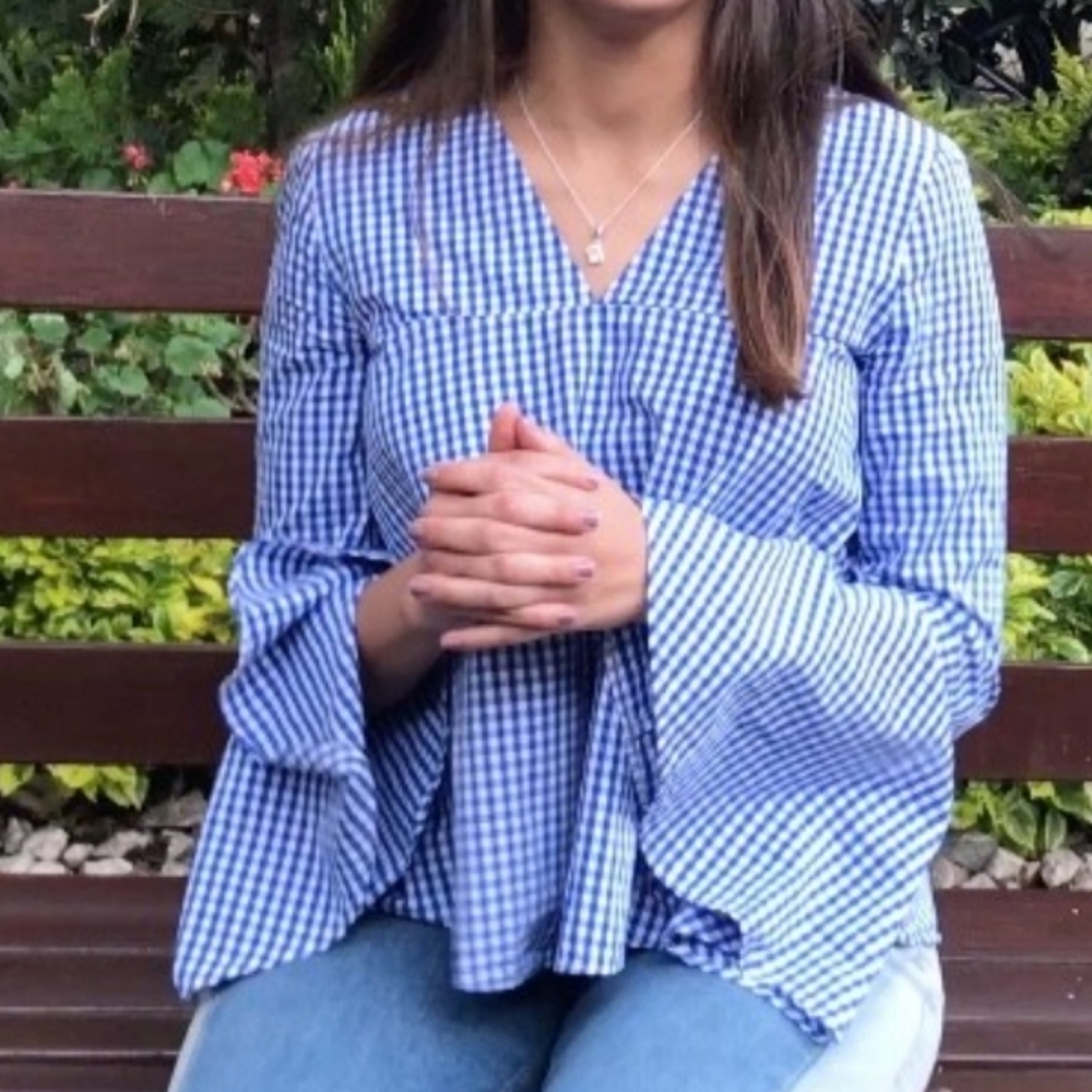 NWT Zara Gingham Blouse With Bell Sleeve